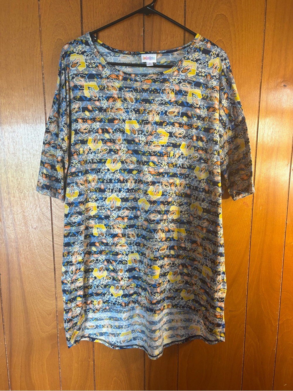 LuLaRoe Tunic Top in Blue, Yellow & Black Floral Stripe
